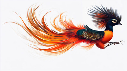 Obraz premium Fiery orange and red bird with long, flowing tail feathers in flight against a white background.