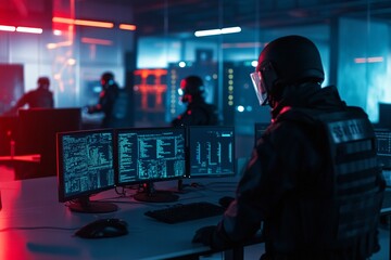 SWAT soldiers team in command center. Special forces in cyber war. Cybercrime, cybersecurity concept. Security alert. Armed FBI agent, police officer in operating room. Security guard. Ai cluster