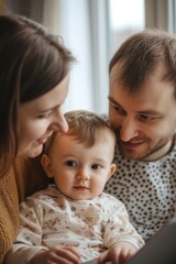 Couple gazing at laptop with baby