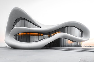 A modern, fluid architectural structure with large glass windows and organic shapes.