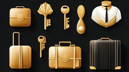 Golden Business Travel Accessories on Dark Background.
