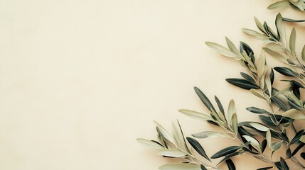 Minimalistic nature concept with copy space Elegant olive tree leaves on neutral soft pastel beige wall Copy space image Place for adding text or design