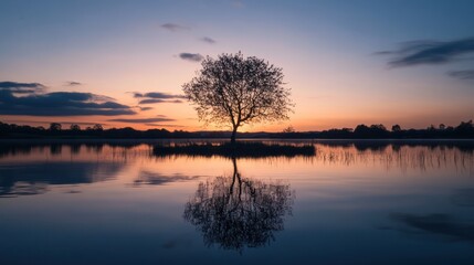 Fototapeta premium Tree reflects in water at sunrise with sky background, used for nature scenes