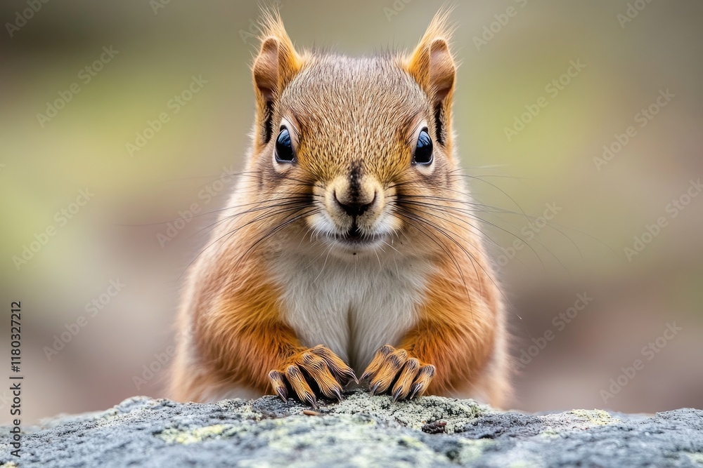Poster close-up shot of a squirrel sitting on a rock, looking out at the viewer