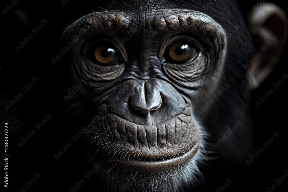 Poster A close-up shot of a monkey's face against a black background, suitable for use in illustrations or designs where a focal point is needed