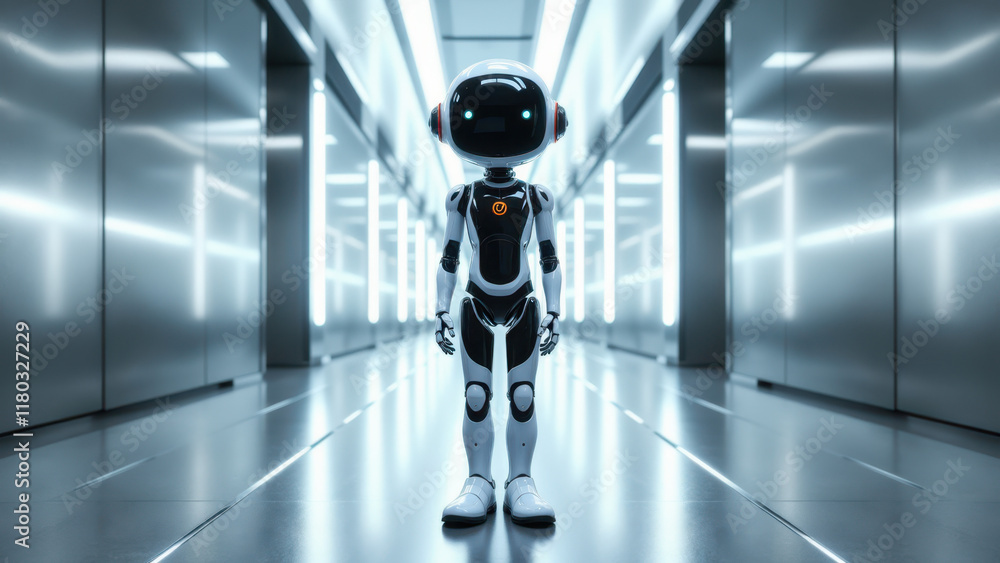 Poster robotic ai figure standing in an illuminated corridor.