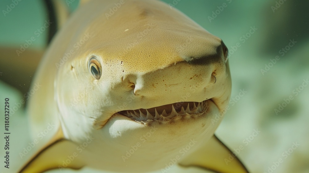 Poster a close-up view of a shark's mouth open, perfect for use in educational or scientific contexts