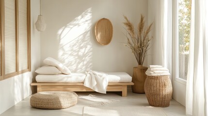 Minimalist spa aesthetic: neutral decor with natural elements for relaxation