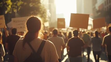 Fototapeta premium A protester watches a sunlit city street filled with marching crowds holding signs, capturing a moment of collective initiative and activism.