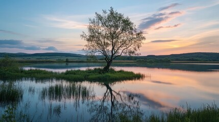 Fototapeta premium Tree on island in lake at sunset; possible nature wallpaper background use