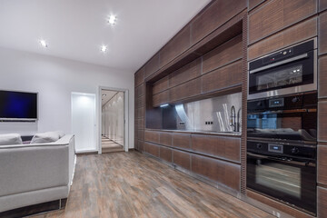 Modern design of the studio apartment. Kitchen set with built-in appliances and exclusive finishes. White sofa in the interior.