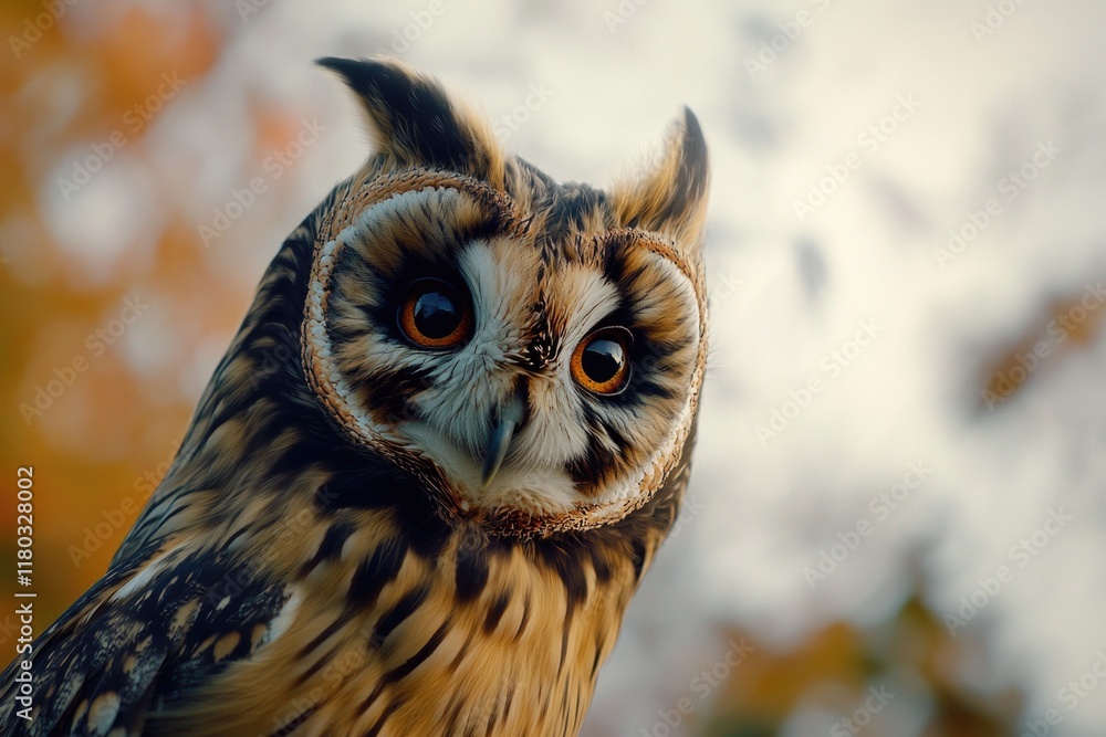 Poster close-up shot of an owl's face with a blurred background