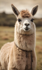 Obraz premium A llama with cream colored fur against a blurred landscape.