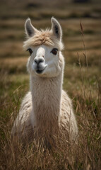 A llama on a farm surrounded by soft rustic colors.