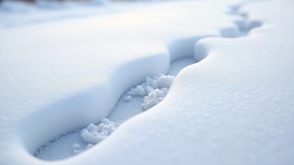 Obraz premium Close-up of fresh footprints and animal tracks in pristine snow. Crisp details, soft morning light, and crystalline textures evoke quiet winter beauty and life in snow.