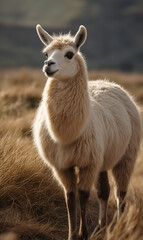 Obraz premium A llama with a lowered gaze in the morning sunlight.