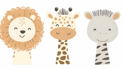 Cute cartoon safari animals,  faces,  isolated on white background.  Perfect for kids' room decor.