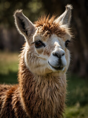 Obraz premium A llama against the background of a meadow in natural light.