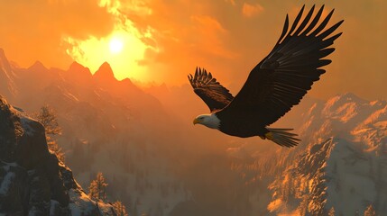 Fototapeta premium Majestic Eagle Soaring over Golden Mountain Landscape at Sunset