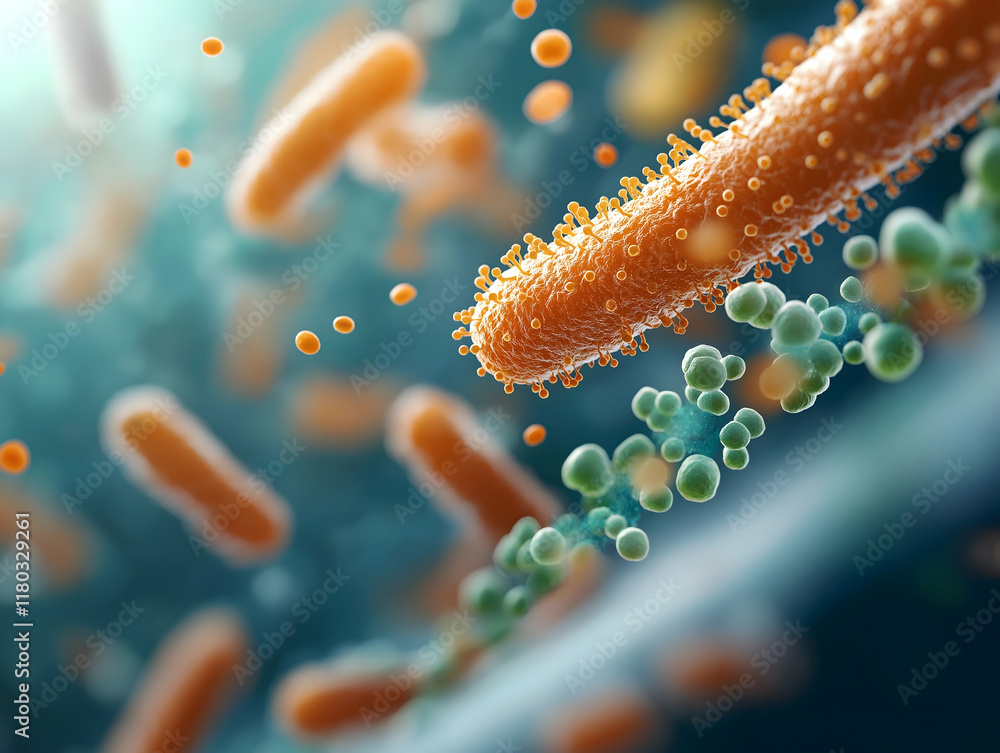 Poster a detailed representation of bacteria and microorganisms, showcasing their structures and interactio