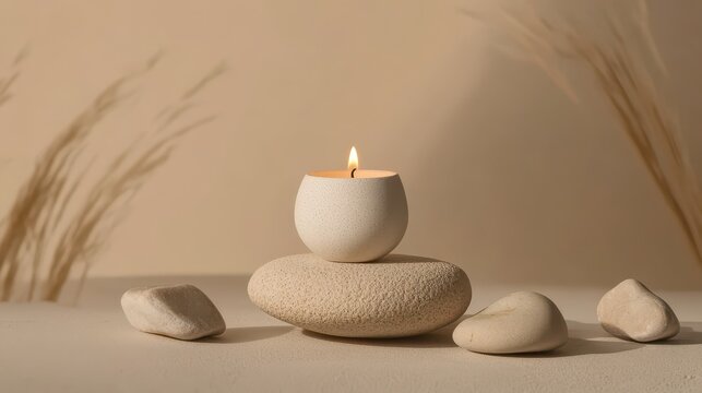 Aroma candle on beige background. Warm aesthetic composition with stones. Cozy home comfort, relaxation and wellness concept. Interior decoration mockup