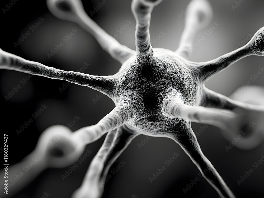 Poster a detailed depiction of a neuron, showcasing its intricate structure and connections in a monochroma