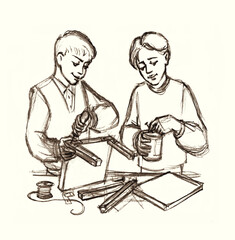 Pencil drawing. Children making things in the workshop