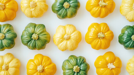 Flat lay of yellow and green mini pumpkins arranged in rows on white background.