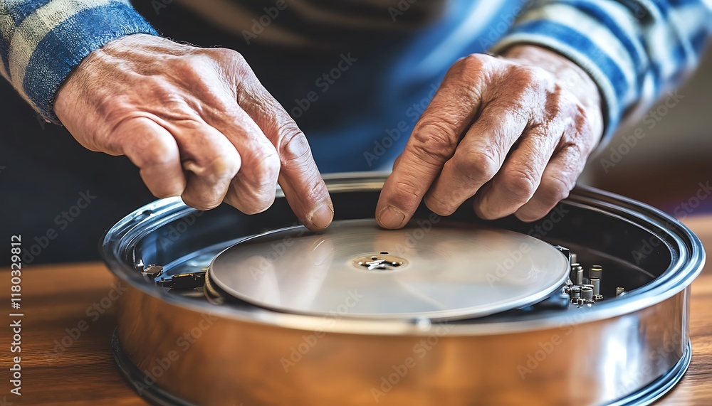 Poster a person carefully assembling a mechanical device with precision and focus.
