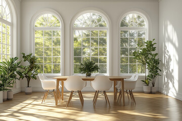 a bright room with a vase with a plant, chairs and a table
