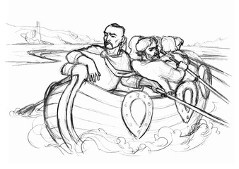 Vector drawing. Sailors on a boat