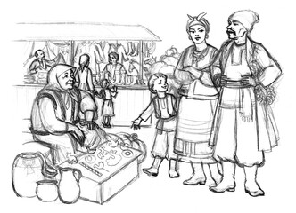 Pencil drawing. People on the market