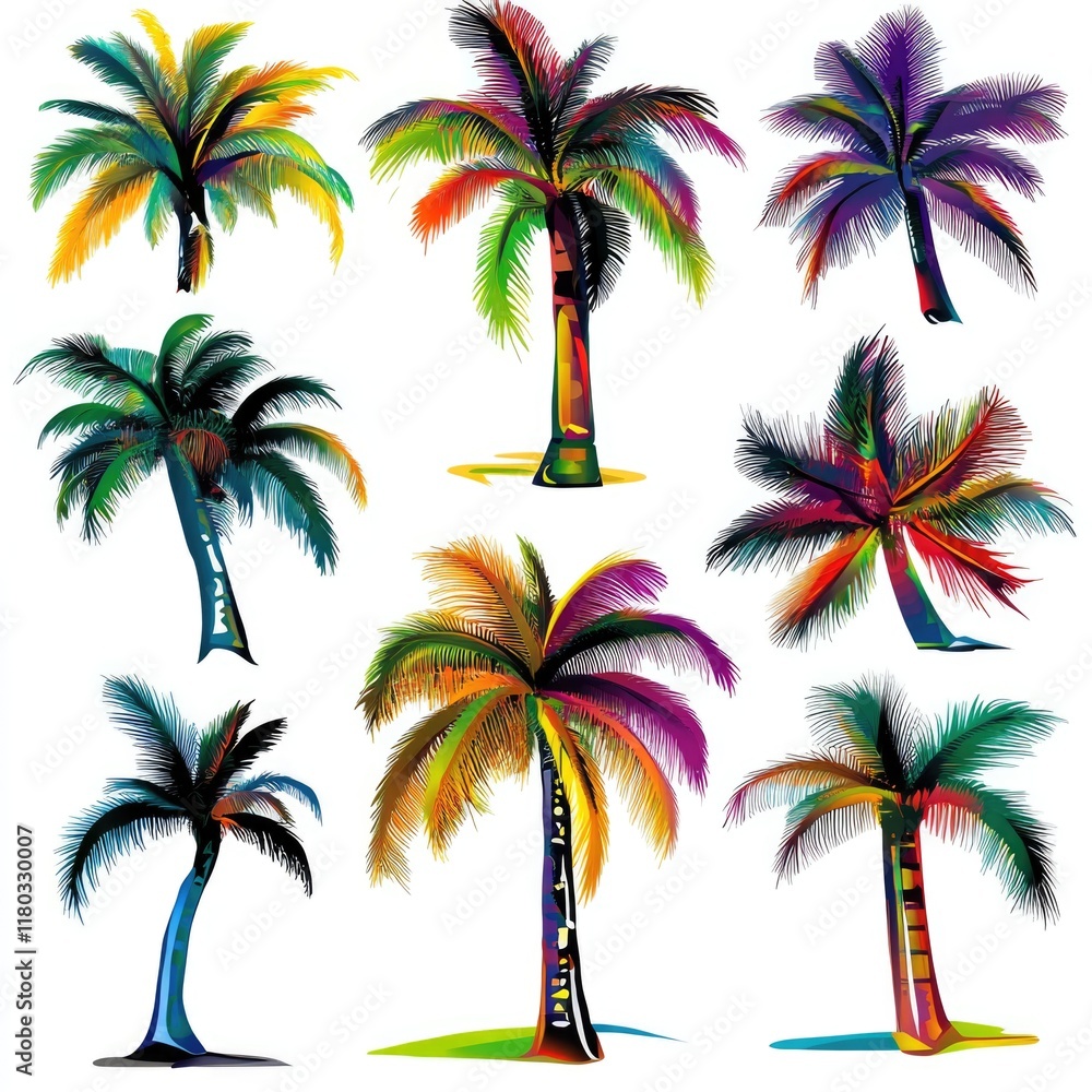 Poster colorful palm trees with various hues and textures