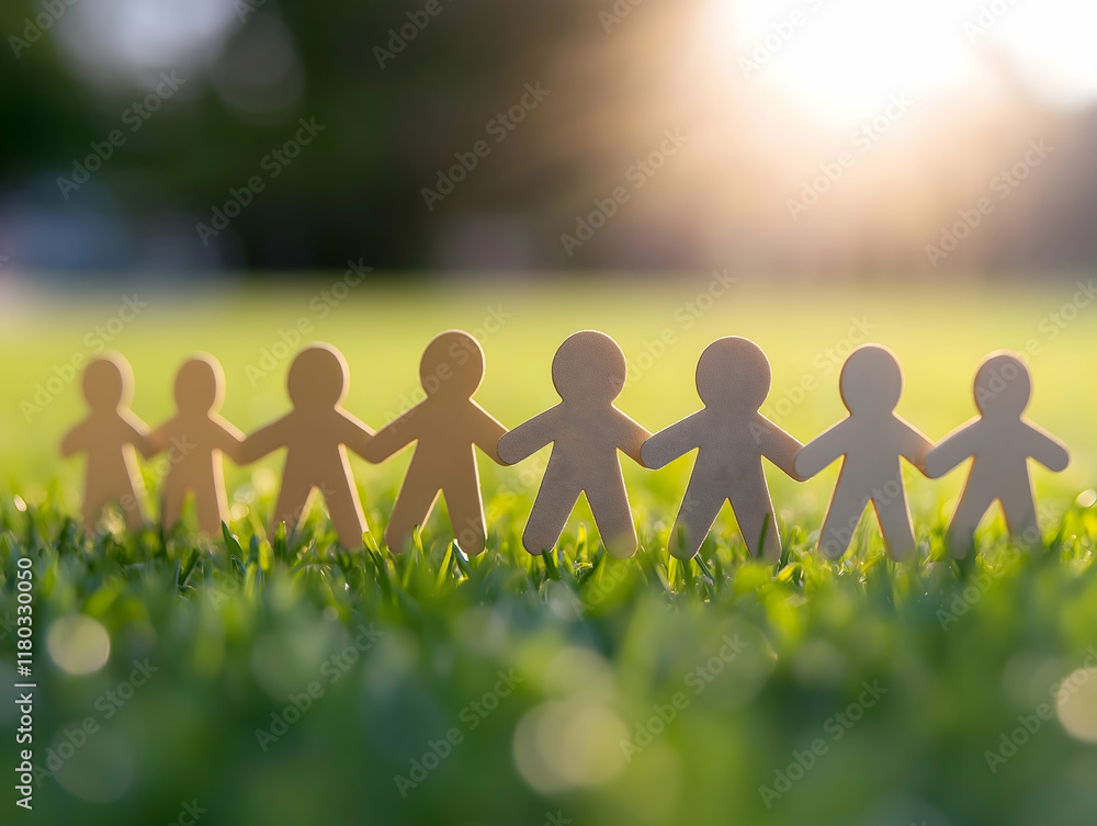 Poster a line of paper figures holding hands on a grassy field, symbolizing unity and connection in a warm,