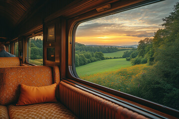 Train window on the train with a view of the beautiful valley