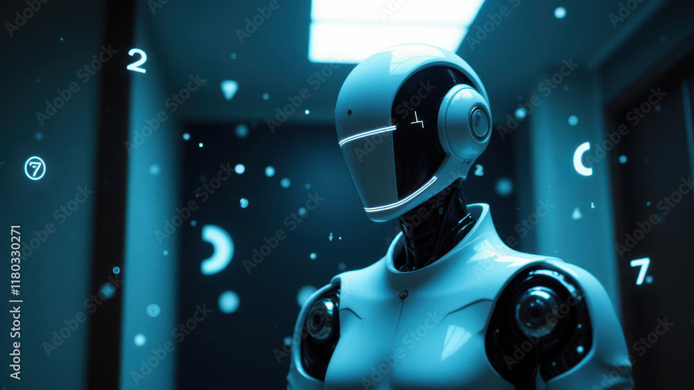 Poster futuristic ai robot with humanoid form and glowing digital interface standing in a technologically a