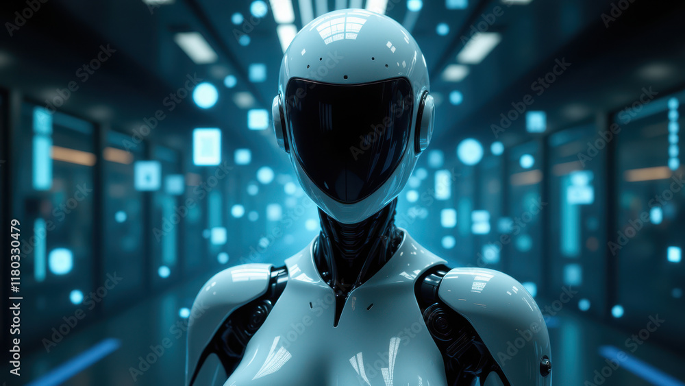Poster futuristic ai robot with glowing circuits in high-tech environment.