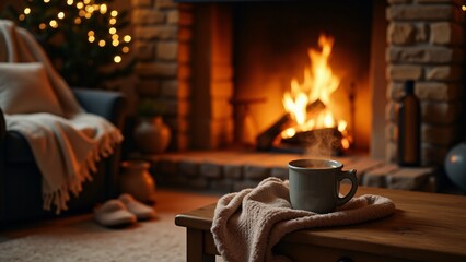 Cozy living room with crackling stone fireplace, warm glow, knit blankets, hot cocoa, and soft shadows. Rustic, inviting scene perfect for winter comfort and seasonal charm.