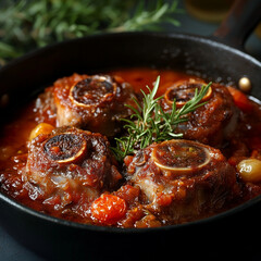 Succulent osso buco in tomato sauce with rosemary garnish
