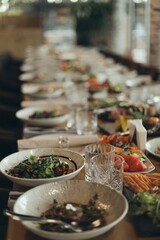 Long banquet served tables with snacks and cold dishes