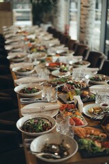 Long banquet served tables with snacks and cold dishes