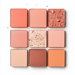 Fototapeta premium A grid of nine cosmetic blush squares in various shades of peach and pink, showcasing different textures and finishes.