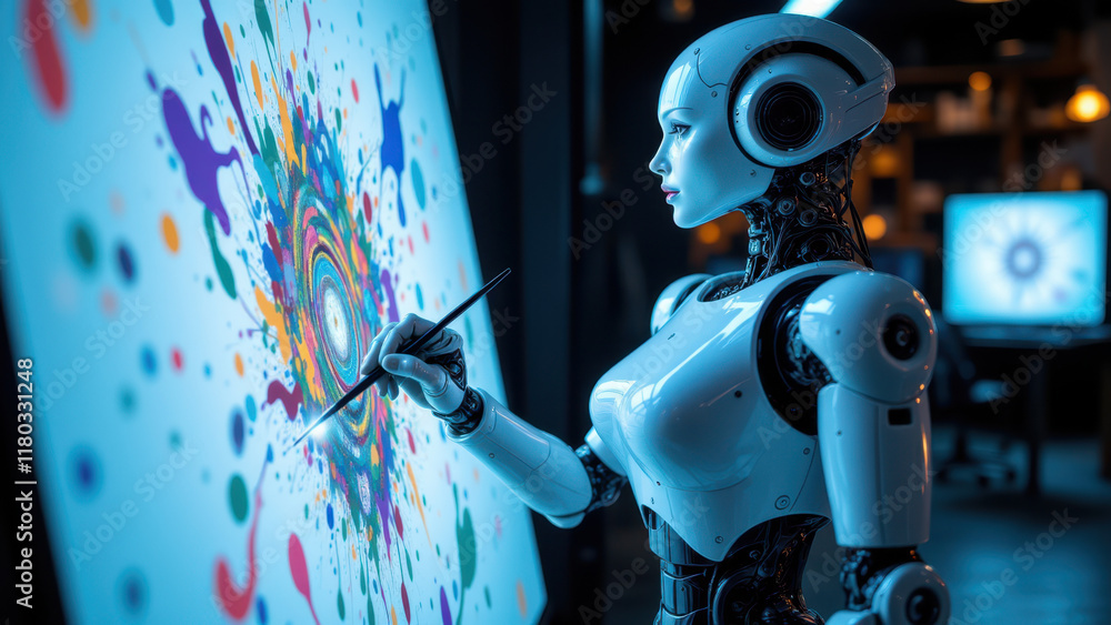Poster ai robot painting a colorful abstract artwork on a large canvas with its robotic arm.