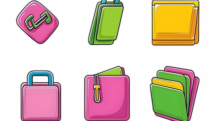 Colorful cartoon wallet and bag icons, various styles, isolated on white background.