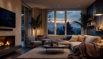Cozy modern living room night with a fireplace, large windows, and a cozy atmosphere.