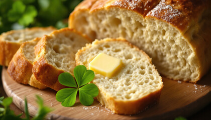 Rustic irish soda bread with butter and shamrock, celebrating st. patrick's day tradition and cuisine