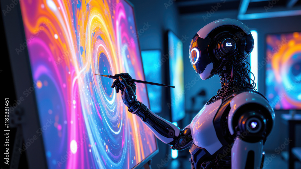 Poster ai robot artist creating digital art on large screen wall display.