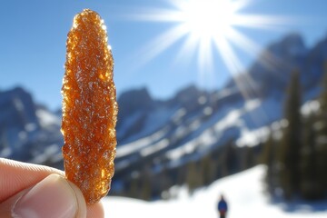 Hands cradling a color filter while standing on a snowy mountain.A person holding a color filter amidst a snowy mountain backdrop.Someone grasps a color filter in a snowy mountain setting.Hands drape