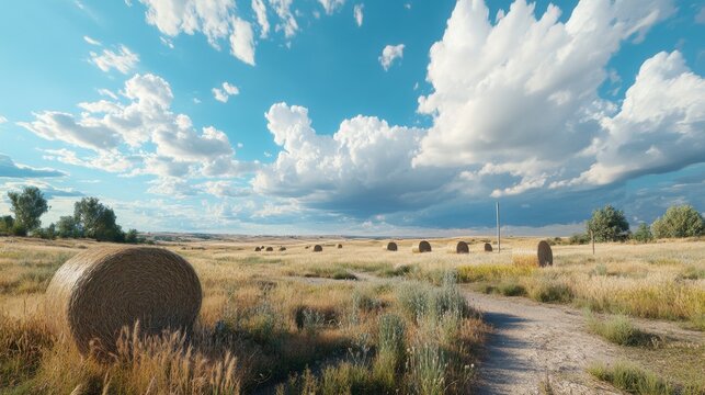 Hay bales in a sunny countryside field with a blue sky and scattered clouds