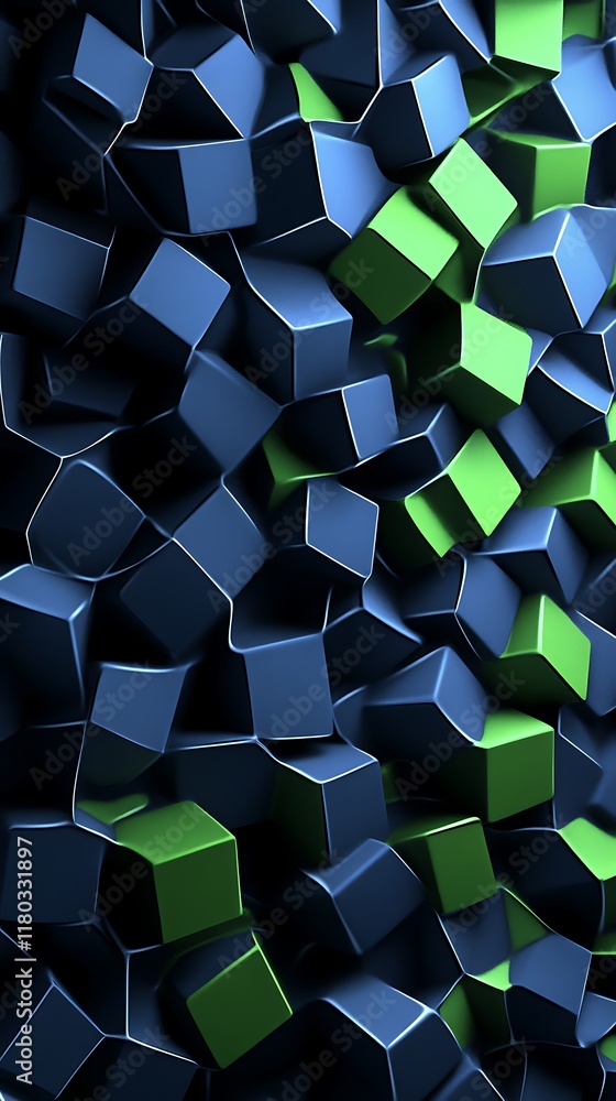 Poster geometric background with blue and green cubes in a stylish pattern, featuring modern abstract shape